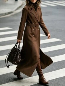 SHEIN British Vintage Waist Tie Wool Long Coat Slim Fit Knee Length Double Breasted Versatile Trench Coat - Brown - View 5