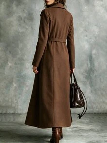 SHEIN British Vintage Waist Tie Wool Long Coat Slim Fit Knee Length Double Breasted Versatile Trench Coat - Brown - View 2