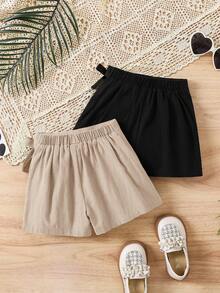 SHEIN 2pcs Young Girl Woven Solid Color Casual Shorts Set - Apricot - View 3