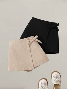 SHEIN 2pcs Young Girl Woven Solid Color Casual Shorts Set - Apricot - View 2