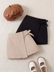 SHEIN 2pcs Young Girl Woven Solid Color Casual Shorts Set - Apricot - View 1