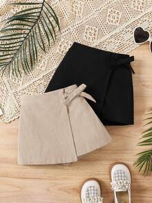 SHEIN 2pcs Young Girl Woven Solid Color Casual Shorts Set - Apricot - View 8