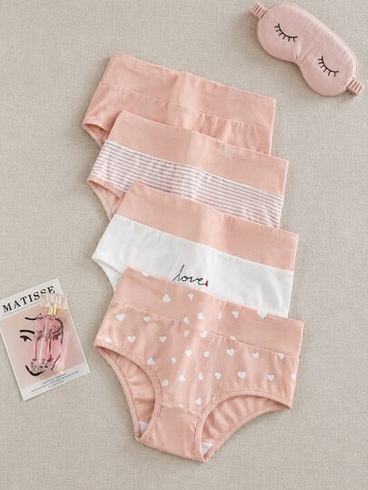 SHEIN Set Of 4 Cute And Comfortable Triangle Shorts For Tween Girls, With Heart, Letter And Stripe Pattern, Knitted, Breathable And Antibacterial