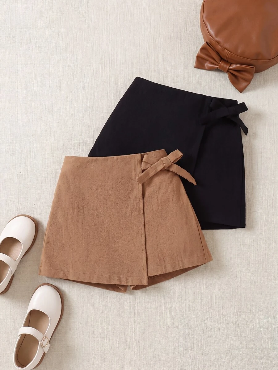 2pcs Young Girl Fashion Solid Color Coordinated Casual Shorts Set, School, Campus, College - Khaki - View 1