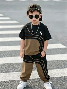 SHEIN Boys Black Khaki Color Block Wave Horse Print Long Sleeve Tops Set Fall Back To School Casual Loose Outfits - Multicolor - View 1