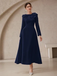 Modelyn Women's Elegant Solid Color 3D Floral Long Dress, Autumn - Navy Blue - View 8