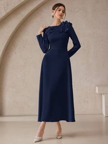 Modelyn Women's Elegant Solid Color 3D Floral Long Dress, Autumn - Navy Blue - View 5