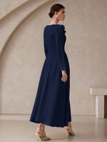 Modelyn Women's Elegant Solid Color 3D Floral Long Dress, Autumn - Navy Blue - View 4