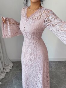 Yasmyna Women's Sweet Button Lace Arabian Dress - Dusty Pink - View 4