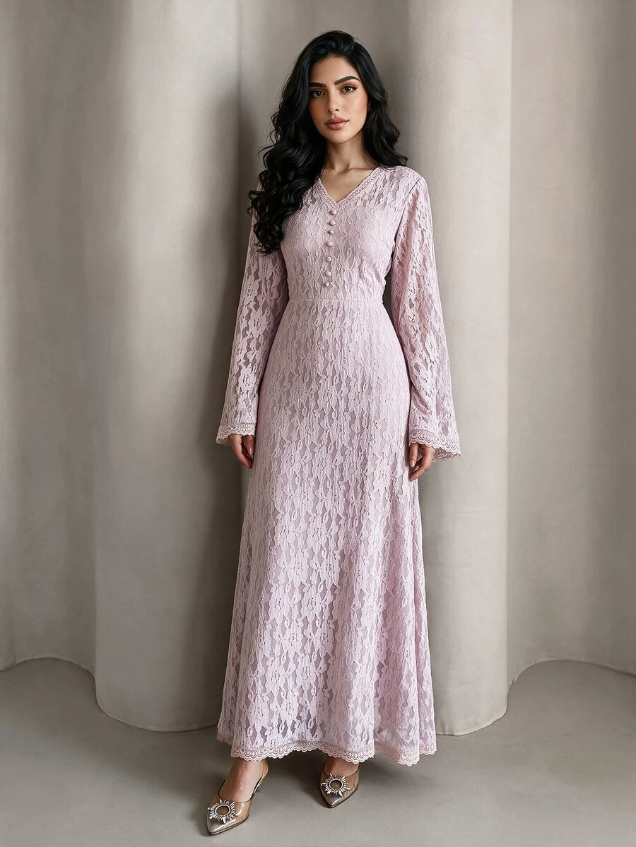 Yasmyna Women's Sweet Button Lace Arabian Dress - Dusty Pink - View 1