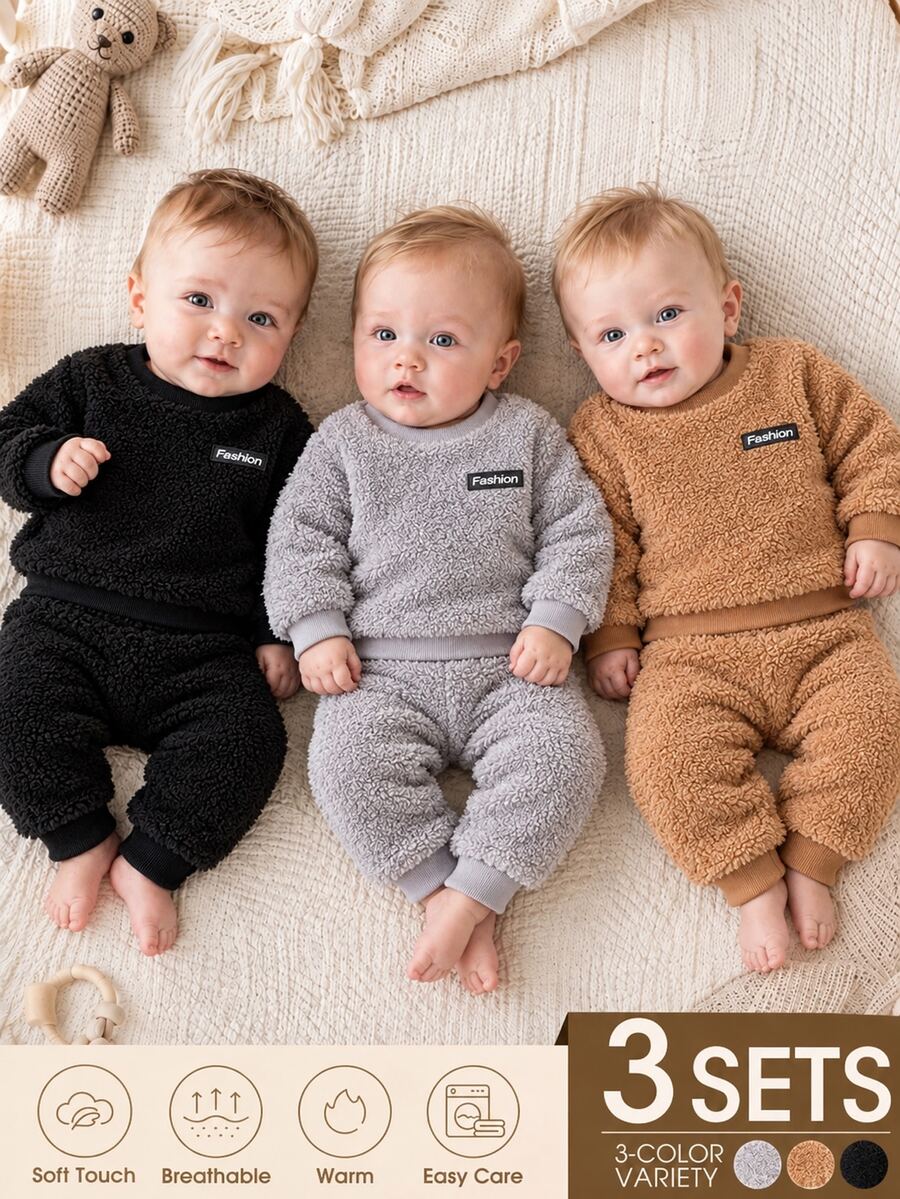 SHEIN 3套幼兒男孩衛衣長褲套裝,可愛黑色灰色卡其色,毛茸茸羊羔絨加厚,羅紋長袖圓領,適合冬季聖誕節與秋季的休閒套裝 - 彩色 - 查看 1