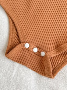 SHEIN 3pcs Baby Girls Romper + Pants + Headband Cute Sweet Orange Floral Ruffle Ribbed Bow Long Sleeve Round Birthday Fall Elasticated - Brown - View 7