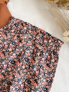 SHEIN 3pcs Baby Girls Romper + Pants + Headband Cute Sweet Orange Floral Ruffle Ribbed Bow Long Sleeve Round Birthday Fall Elasticated - Brown - View 6
