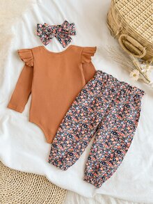SHEIN 3pcs Baby Girls Romper + Pants + Headband Cute Sweet Orange Floral Ruffle Ribbed Bow Long Sleeve Round Birthday Fall Elasticated - Brown - View 2