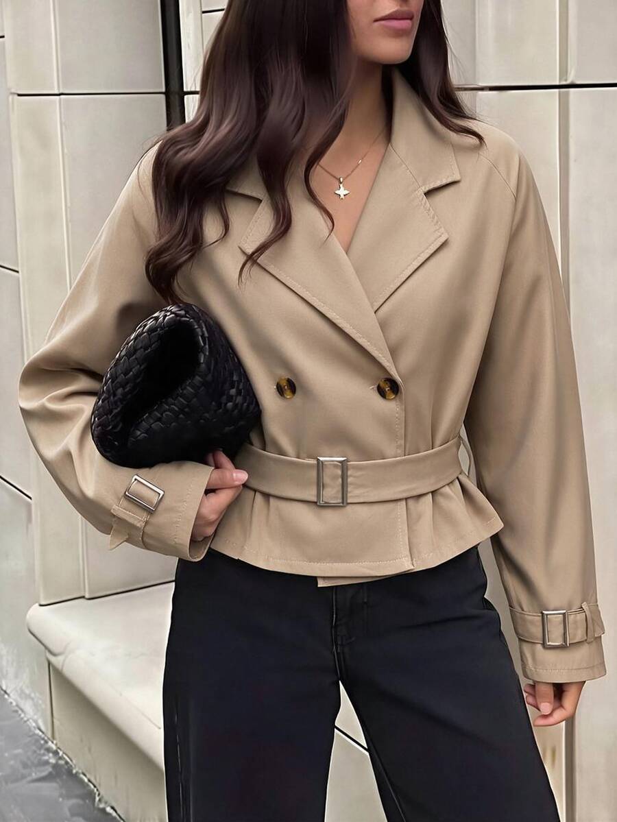 SHEIN Teen Girls Fall Clothes Khaki Versatile Casual Button Long Sleeve Jacket For Weekend Outings, Fall, Solid, Minimalist, Streetwear, Cropped, Autumn - Khaki - View 1