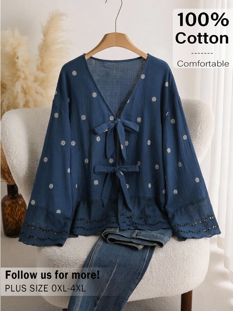 CosyJoli Plus Embroidery Floral Pattern Laser Cut Panel Tie Front Blouse - Apricot - View 3