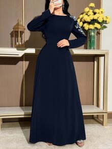 Modelyn Women's Floral Beaded Decor Long Sleeve Elegant Modest Dress Wedding Dinner Navy Blue Floral Autumn - Navy Blue - View 6