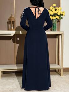 Modelyn Women's Floral Beaded Decor Long Sleeve Elegant Modest Dress Wedding Dinner Navy Blue Floral Autumn - Navy Blue - View 7