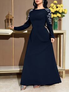 Modelyn Women's Floral Beaded Decor Long Sleeve Elegant Modest Dress Wedding Dinner Navy Blue Floral Autumn - Navy Blue - View 5