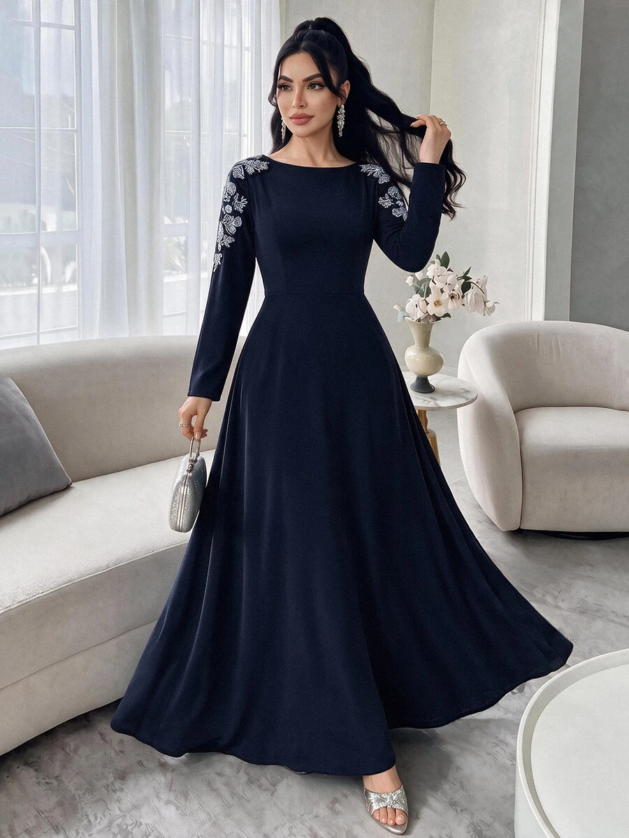 Modelyn Women's Floral Beaded Decor Long Sleeve Elegant Modest Dress Wedding Dinner Navy Blue Floral Autumn