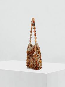 Travachic 1件手工棉繩編織串珠托特包，度假風沙灘網袋，小眾設計波西米亞鏤空包，適合沙灘、度假、旅行、日常休閒，最配吊帶衫、裙子、洋裝、熱褲、襯衫 - 棕色 - 查看 3