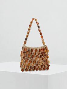 Travachic 1件手工棉繩編織串珠托特包，度假風沙灘網袋，小眾設計波西米亞鏤空包，適合沙灘、度假、旅行、日常休閒，最配吊帶衫、裙子、洋裝、熱褲、襯衫 - 棕色 - 查看 2