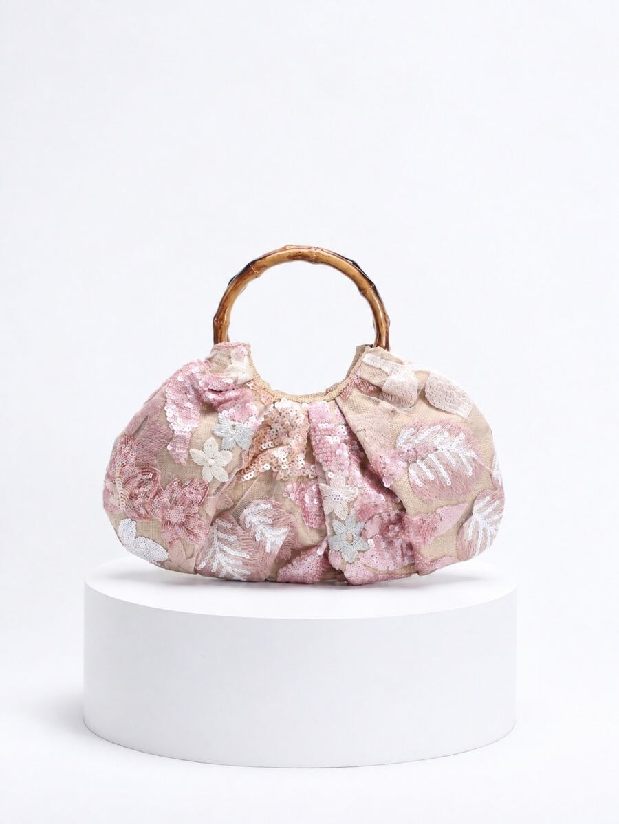 SHEIN BAE 1 件彩色 PVC 亮片贴片网眼花卉刺绣云装饰可折叠亚麻沙滩手提包，时尚独特设计，适合女性，适合夏季海滩度假（花卉图案随机）