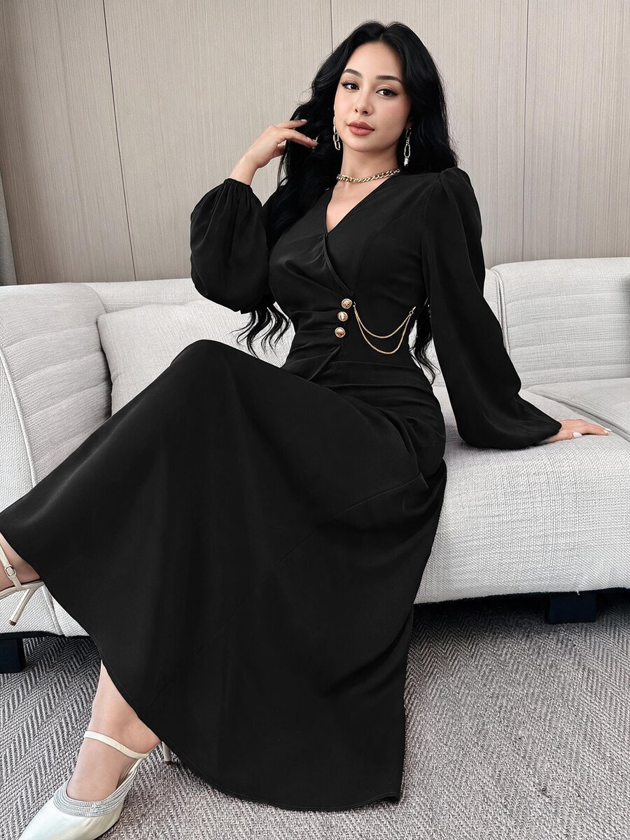 Modelyn 女款純色V領燈籠袖腰部鈕扣設計優雅洋裝,婚禮晚餐早午餐賓客禮服,黑色秋季 - 黑色 - 查看 1