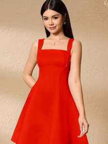 SHEIN Back To School Teen Girls Elegant Square Neck Sleeveless High Waist Flared Hem Party Dress Sixth Form,Graduation,Party - Red - View 6