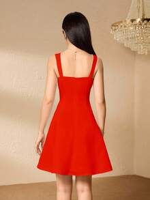 SHEIN Back To School Teen Girls Elegant Square Neck Sleeveless High Waist Flared Hem Party Dress Sixth Form,Graduation,Party - Red - View 2