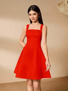 SHEIN Back To School Teen Girls Elegant Square Neck Sleeveless High Waist Flared Hem Party Dress Sixth Form,Graduation,Party - Red - View 7