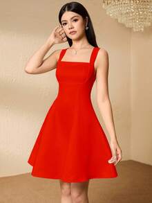 SHEIN Back To School Teen Girls Elegant Square Neck Sleeveless High Waist Flared Hem Party Dress Sixth Form,Graduation,Party - Red - View 1