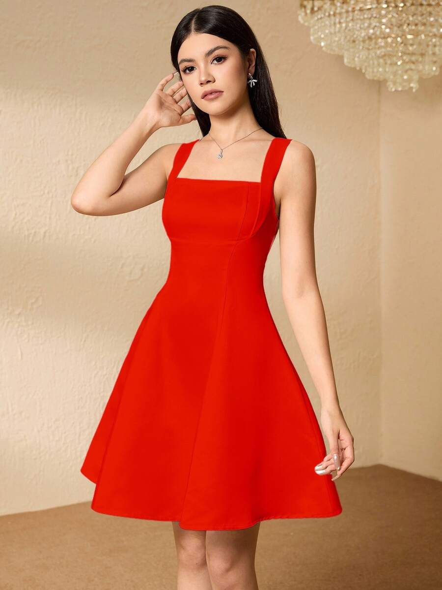 SHEIN Back To School Teen Girls Elegant Square Neck Sleeveless High Waist Flared Hem Party Dress Sixth Form,Graduation,Party - Red - View 1