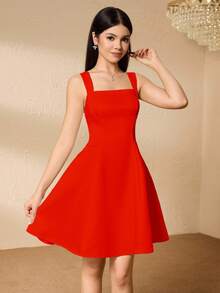 SHEIN Back To School Teen Girls Elegant Square Neck Sleeveless High Waist Flared Hem Party Dress Sixth Form,Graduation,Party - Red - View 3