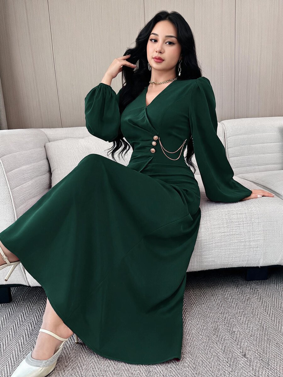 Feyla 女款純色腰部鈕扣設計燈籠袖優雅洋裝,深綠色,適合派對與辦公室,秋季穿搭 - 墨綠色 - 查看 1