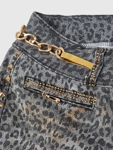 ROMWE Grunge Punk Y2K Retro Sexy Leopard Print Metal Rivet Ultra Low Waist Skinny Denim Shorts - Multicolor - View 4