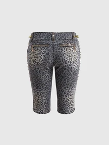 ROMWE Grunge Punk Y2K Retro Sexy Leopard Print Metal Rivet Ultra Low Waist Skinny Denim Shorts - Multicolor - View 2