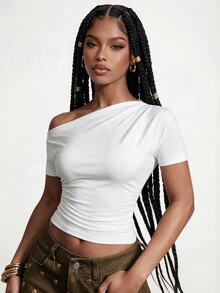Glyssa Summer Casual Solid Color Asymmetric Neck Ruched Fitted T-Shirt - White - View 4