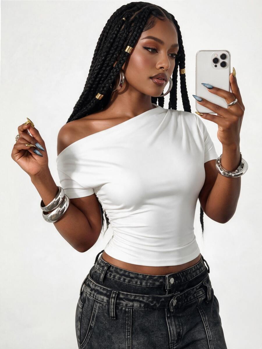 Glyssa Summer Casual Solid Color Asymmetric Neck Ruched Fitted T-Shirt