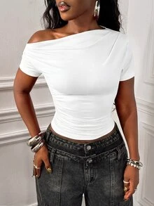 Glyssa Summer Casual Solid Color Asymmetric Neck Ruched Fitted T-Shirt - White - View 7