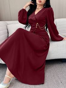 Modelyn 女士纯色简约V领长袖连衣裙，休闲日常穿着 - 酒紅色 - 查看 5