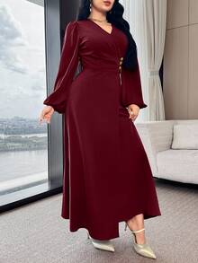 Modelyn 女士纯色简约V领长袖连衣裙，休闲日常穿着 - 酒紅色 - 查看 6