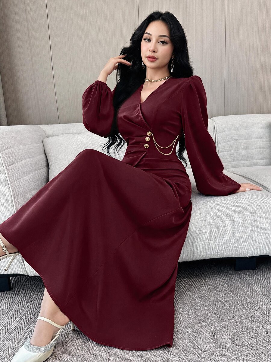 Modelyn 女士纯色简约V领长袖连衣裙,休闲日常穿着 - 酒紅色 - 查看 1