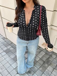 Easura 大尺碼女款浪漫優雅荷葉邊黑色印花長袖襯衫，適合約會之夜、早晨與秋季 - 彩色 - 查看 6