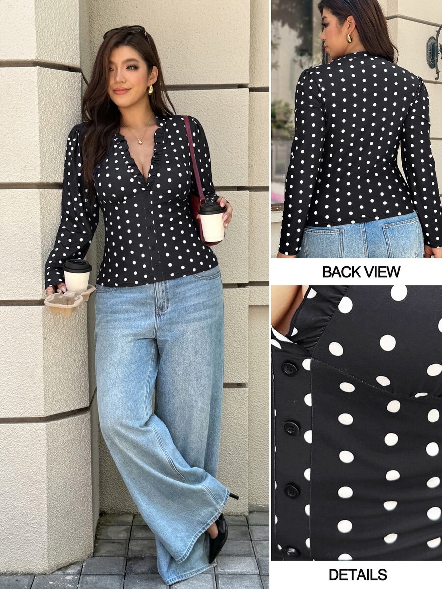 Easura Plus Size Women's Romantic Elegant Ruffle Black Print Long Sleeve Blouse Date Night Morning Fall - Multicolor - View 1
