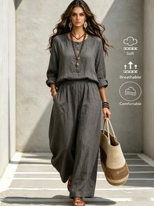Omancia 女款亞麻紋理長袖兩件套，寬鬆圓領上衣 + 高腰寬腿褲，慵懶度假風深灰色秋季休閒套裝 - 深灰色 - 查看 3