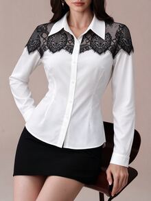 Seusyu Designer Lace Patchwork Long Sleeve Slim Fit Flattering Versatile Unique Women's Daily Commute Blouse - Black and White - View 2