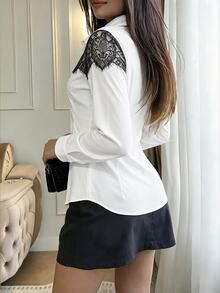 Seusyu Designer Lace Patchwork Long Sleeve Slim Fit Flattering Versatile Unique Women's Daily Commute Blouse - Black and White - View 8