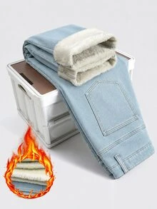 QuarKem Men's Autumn/Winter Washed Blue Thermal Lined Slim Straight Leg Jeans - Light Wash - View 2