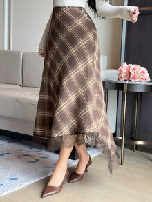 DAZY Minimalist Plaid Lace Women's Skirt Fall - Coffee Brown - View 4